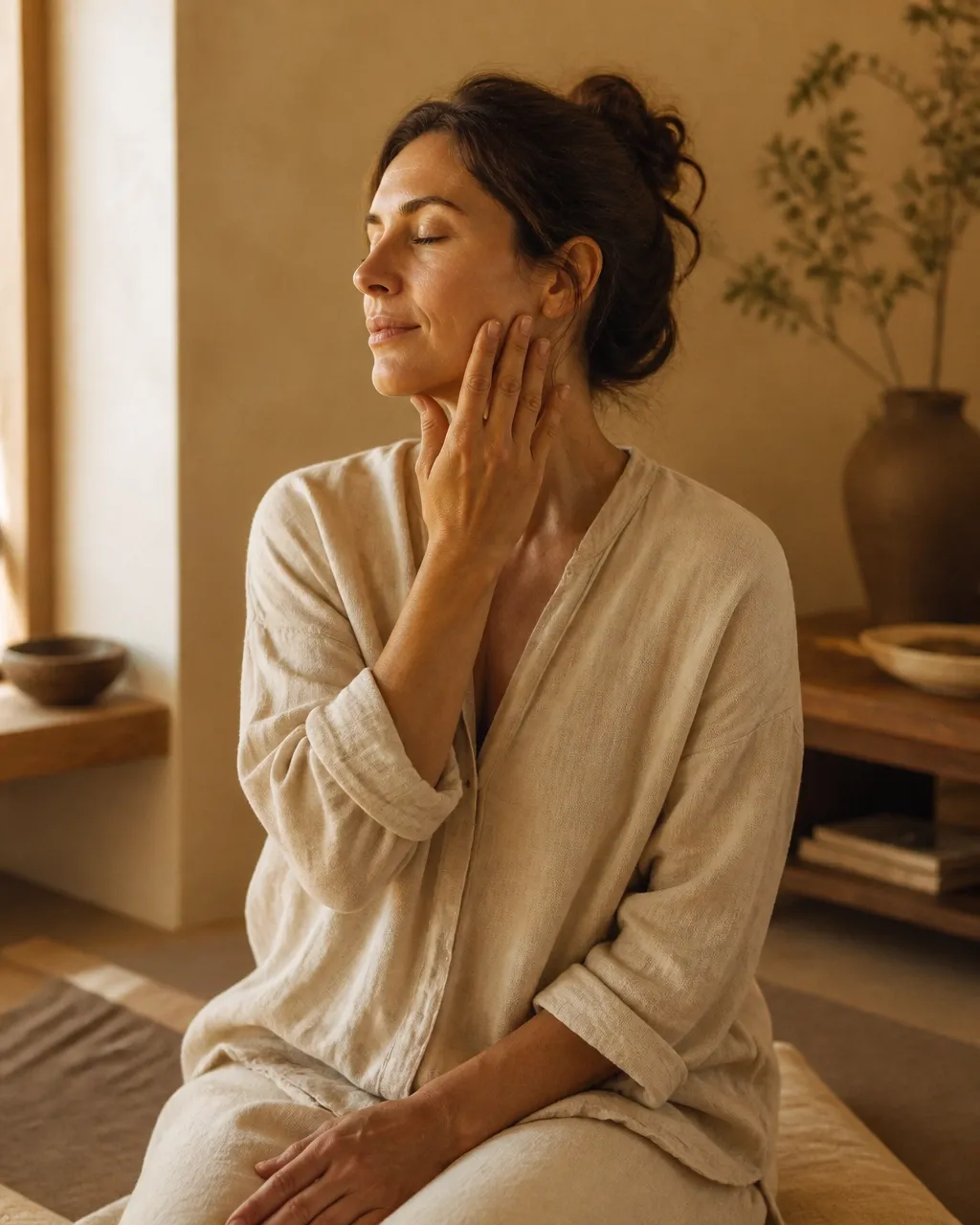 A woman gently practicing jaw and neck self-care at home in soft, natural light